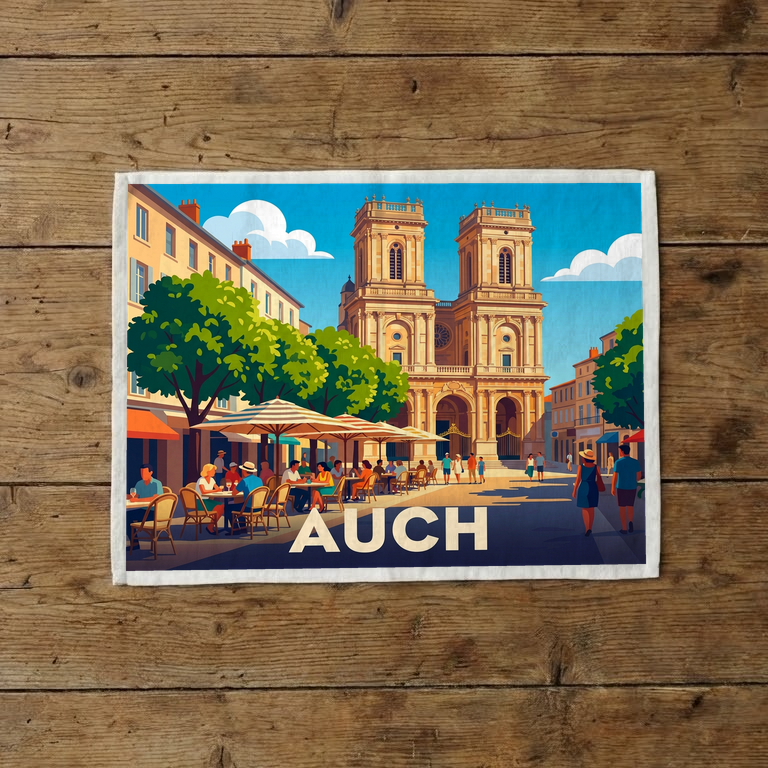 Torchon souvenir de la ville de Auch avec une illustration stylisée de la cathédrale et de terrasses de café.