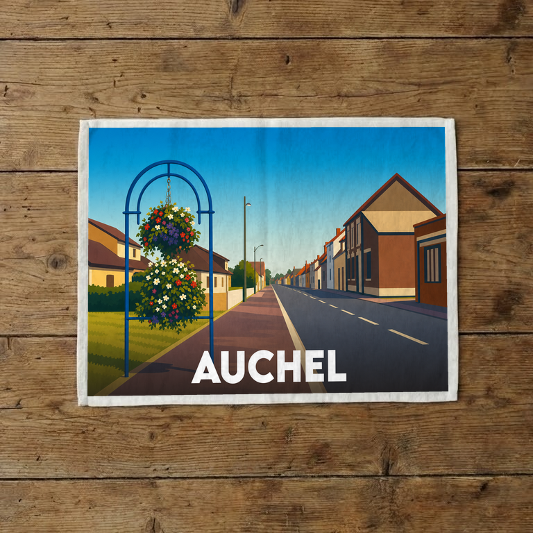Torchon souvenir de la ville d'Auchel avec une illustration stylisée représentant une rue fleurie.