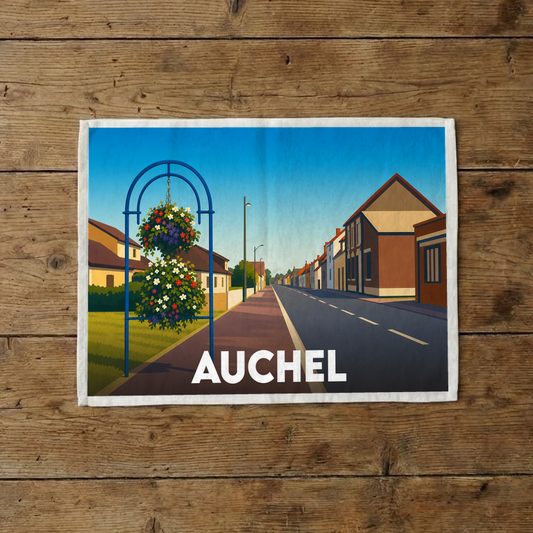 Torchon souvenir de la ville d'Auchel avec une illustration stylisée représentant une rue fleurie.