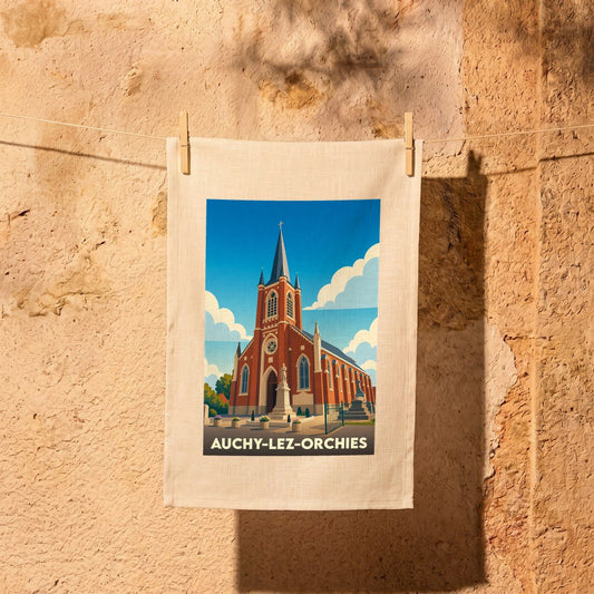 Torchon souvenir de la ville de Auchy-lez-Orchies avec une illustration stylisée de son église.