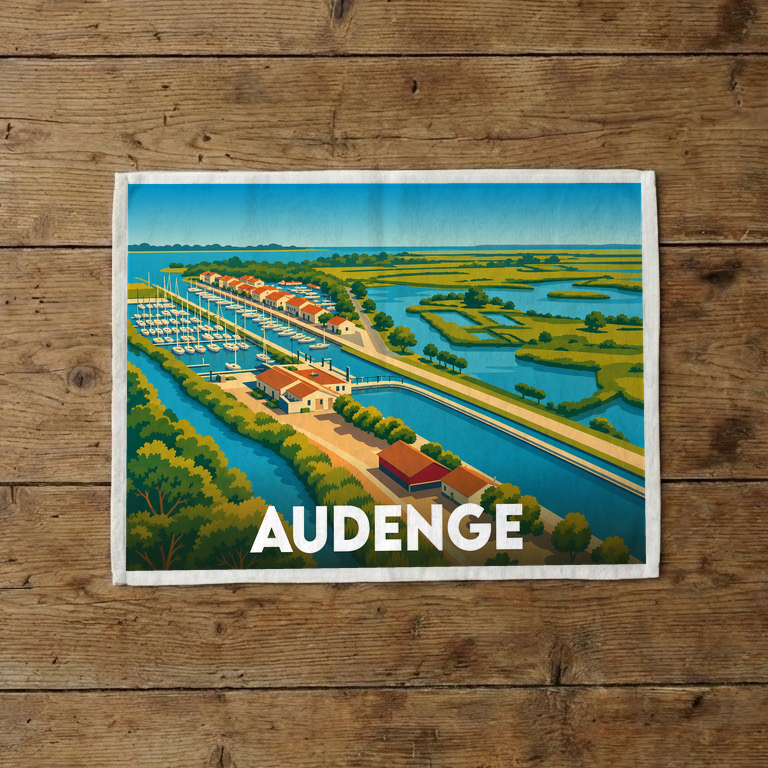 Torchon souvenir de la ville d'Audenge orné d'une illustration stylisée du port et des marais.