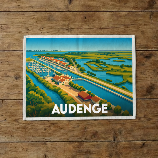 Torchon souvenir de la ville d'Audenge orné d'une illustration stylisée du port et des marais.