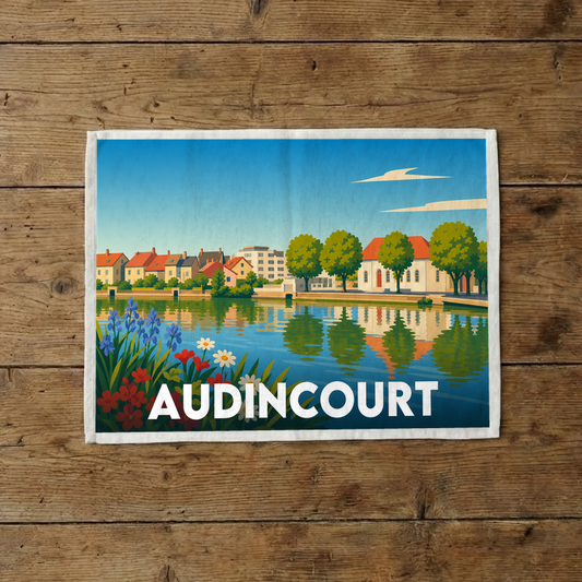 Torchon souvenir de la ville d'Audincourt avec une illustration stylisée.