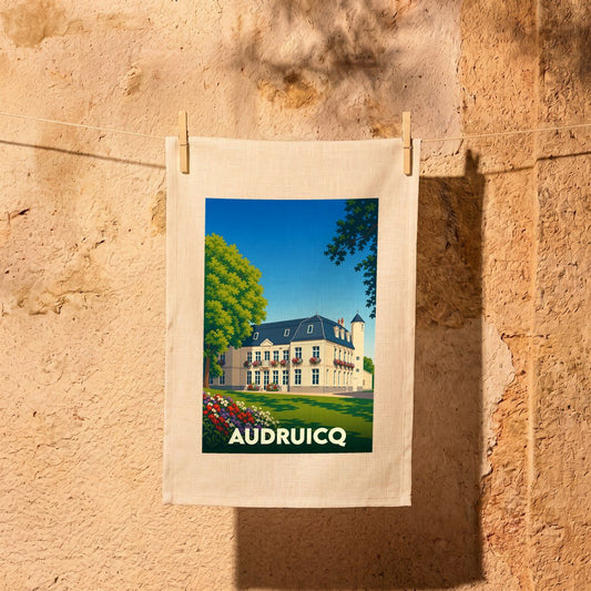 Torchon souvenir de la ville d'Audruicq avec une illustration stylisée d'un bâtiment historique.