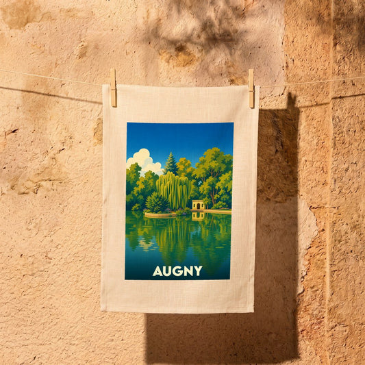 Torchon souvenir de la ville d'Augny avec une illustration stylisée d'un parc verdoyant au bord de l'eau.