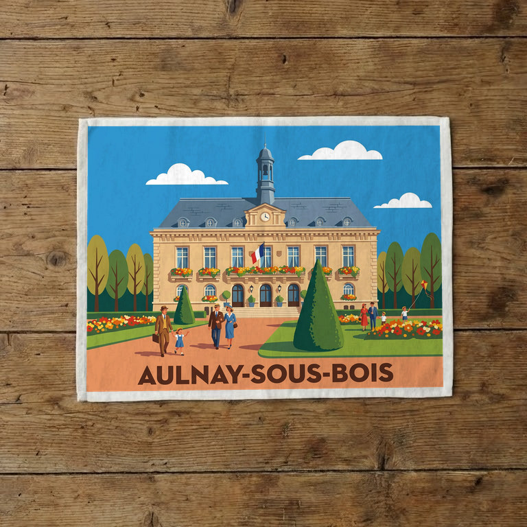 Torchon souvenir de la ville d'Aulnay-sous-Bois avec une illustration stylisée.