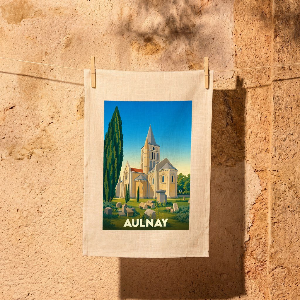 Torchon souvenir de la ville d'Aulnay avec une illustration stylisée de son église romane.