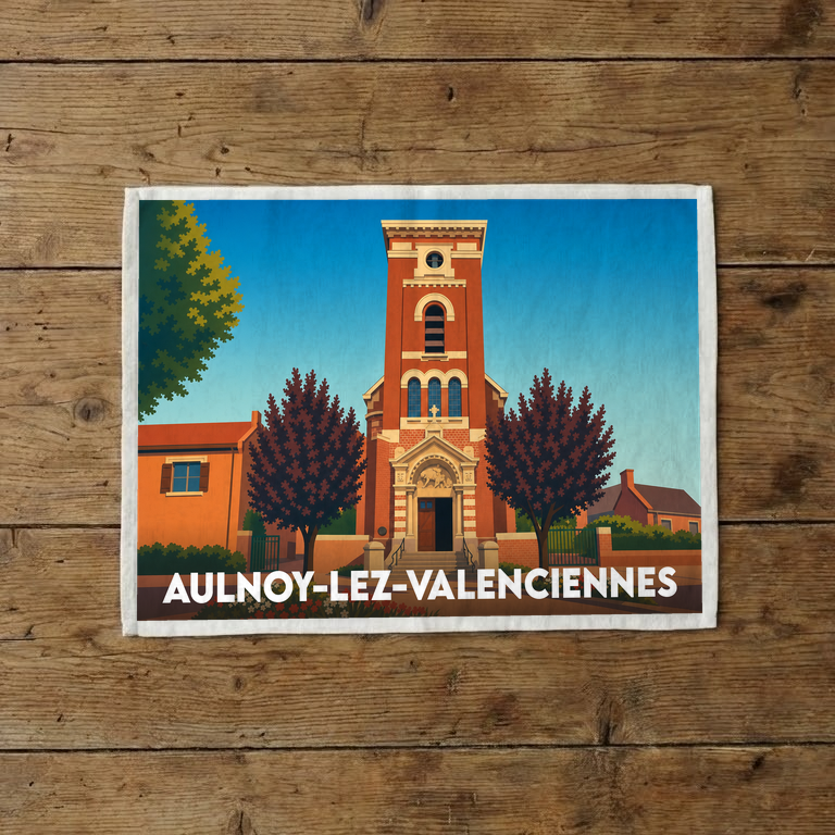 Torchon souvenir de la ville d’Aulnoy-lez-Valenciennes avec une illustration stylisée de son église.