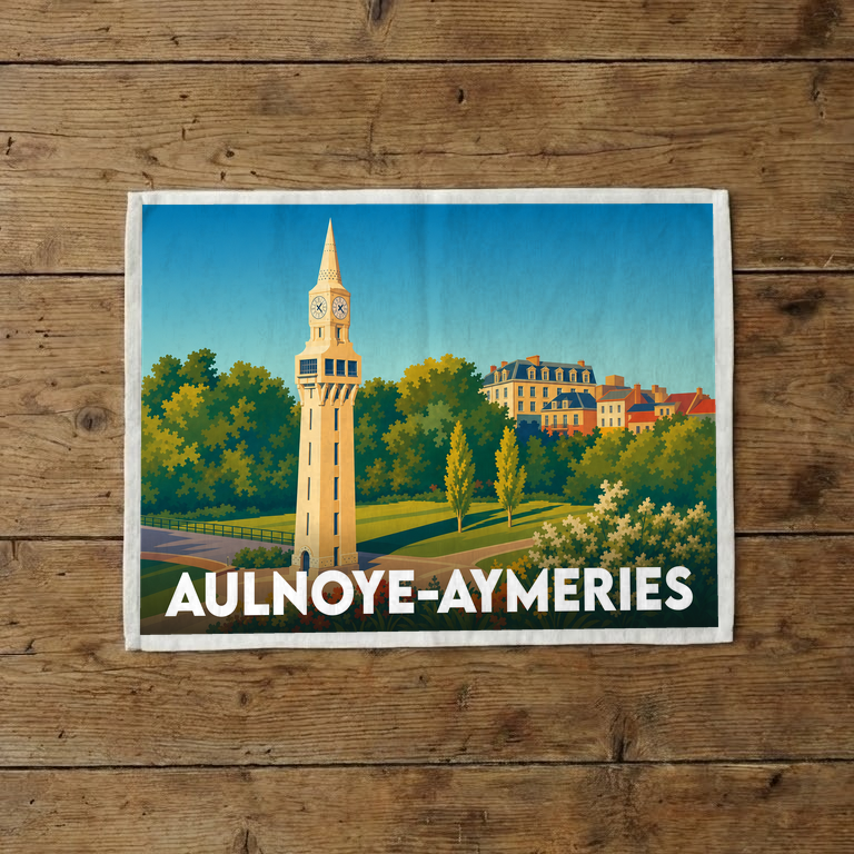 Torchon souvenir de la ville d'Aulnoye-Aymeries illustrant son célèbre beffroi entouré de verdure dans un style rétro.