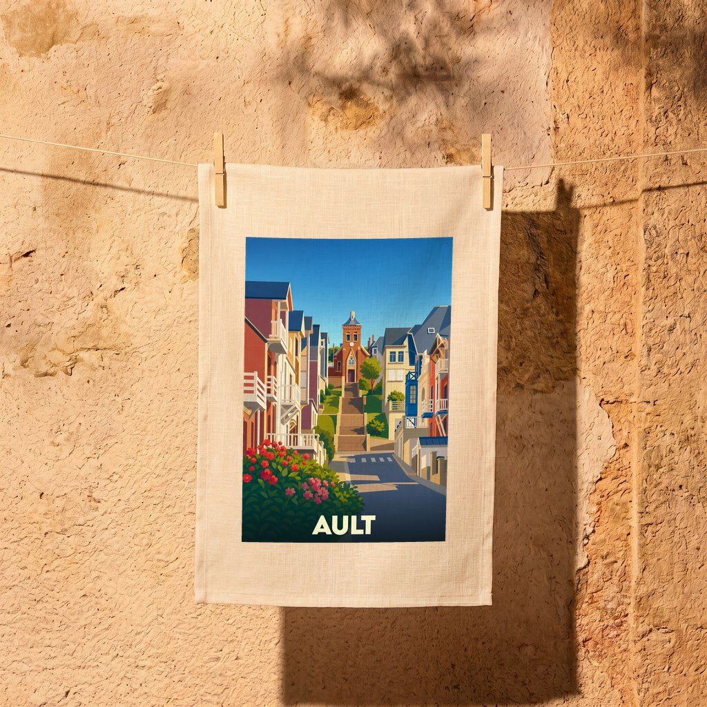 Torchon souvenir de la ville d'Ault avec une illustration stylisée et colorée de ses rues.