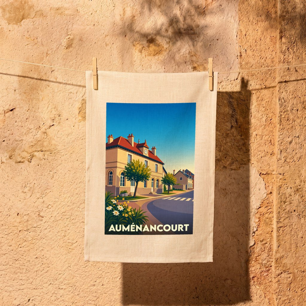 Torchon souvenir de la ville d'Auménancourt orné d'une illustration stylisée de ses rues et bâtiments.