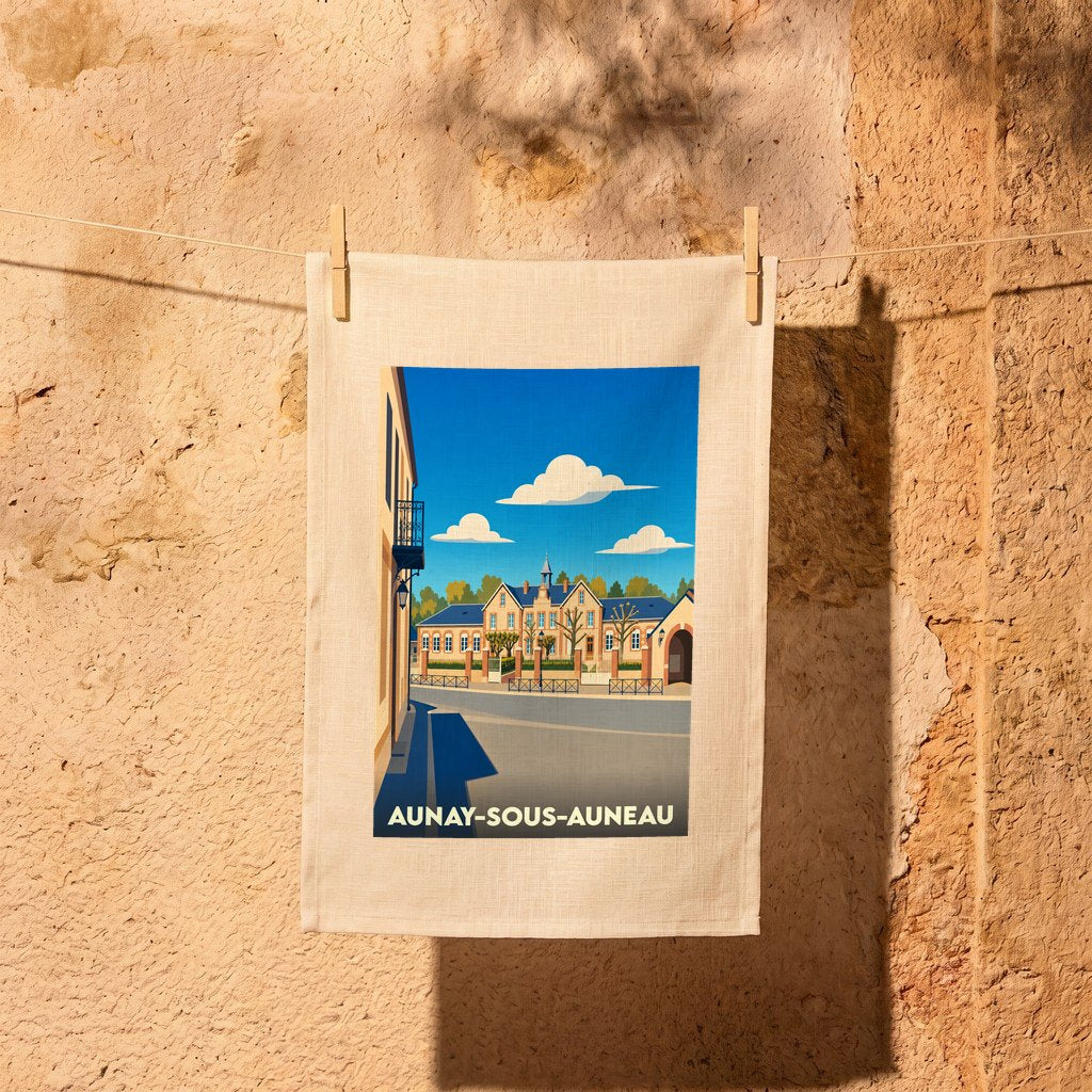 Torchon souvenir de la ville d'Aunay-sous-Auneau avec une illustration stylisée de son architecture locale.