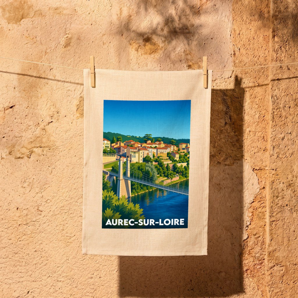 Torchon souvenir de la ville d'Aurec-sur-Loire avec une illustration stylisée d'un pont et du village.
