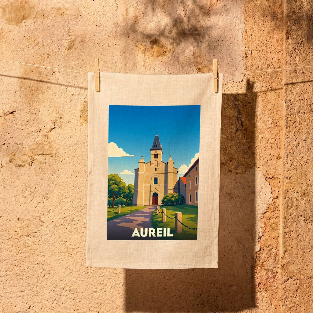Torchon souvenir de la ville d'Aureil avec une illustration stylisée de son église.
