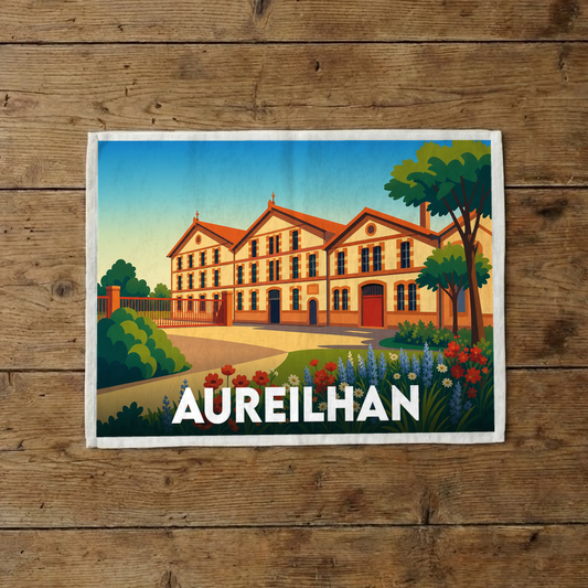 Torchon souvenir de la ville d'Aureilhan avec une illustration stylisée des anciennes briqueteries.
