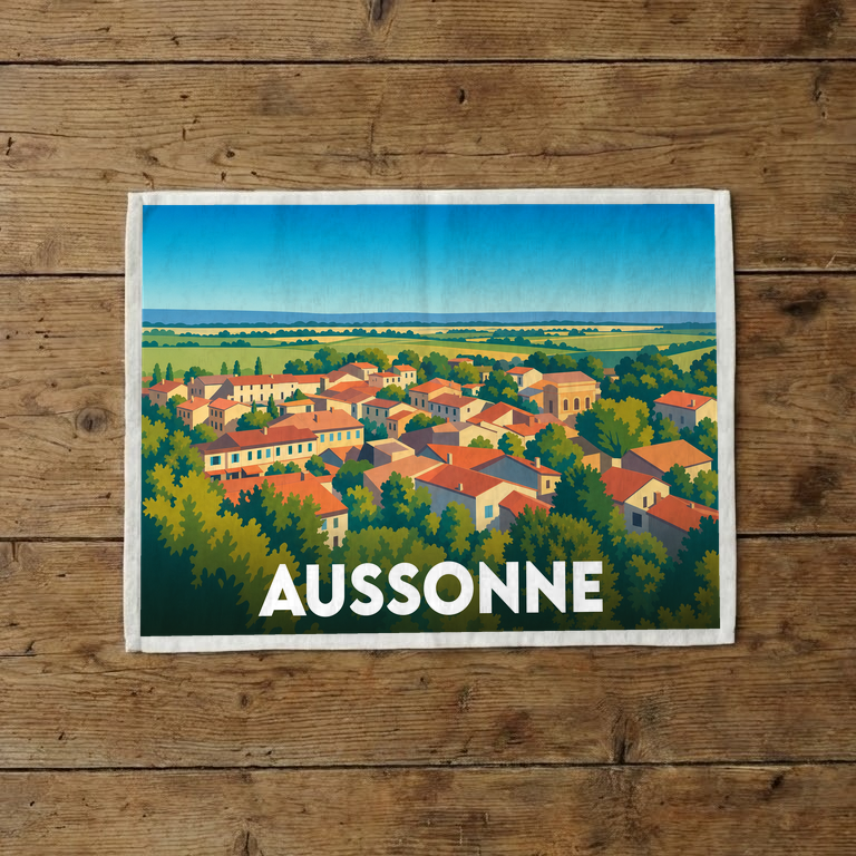 Torchon souvenir de la ville d'Aussonne avec une illustration stylisée de ses toits orangés et de sa campagne environnante.