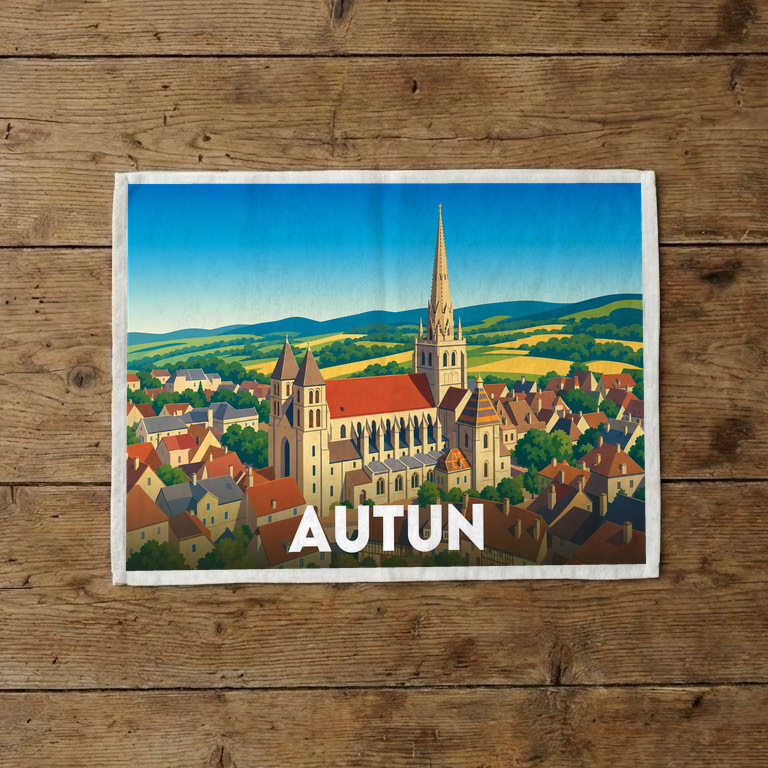 Torchon souvenir de la ville d'Autun avec une illustration stylisée de son paysage urbain et de sa cathédrale.