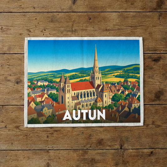 Torchon souvenir de la ville d'Autun avec une illustration stylisée de son paysage urbain et de sa cathédrale.