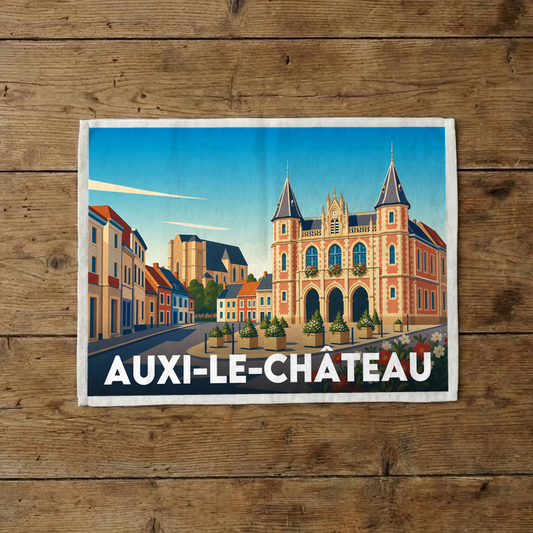 Torchon souvenir de la ville d'Auxi-le-Château avec une illustration stylisée.