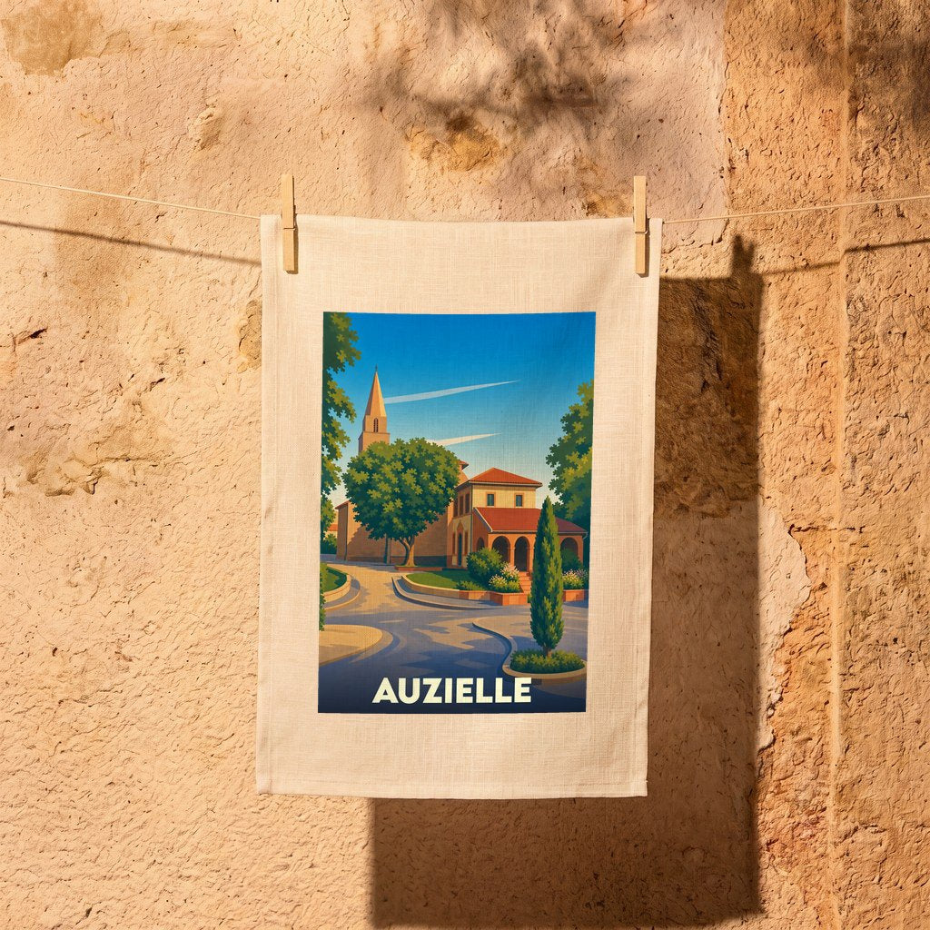 Torchon souvenir de la ville d'Auzielle avec une illustration stylisée.