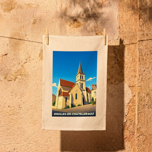 Torchon souvenir de la ville de Availles-en-Châtellerault illustré d'une église sous un ciel bleu.