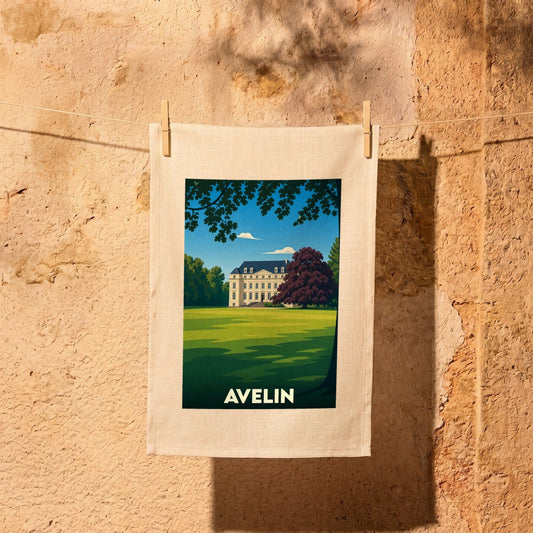Torchon souvenir de la ville d'Avelin avec une illustration stylisée d'un château.