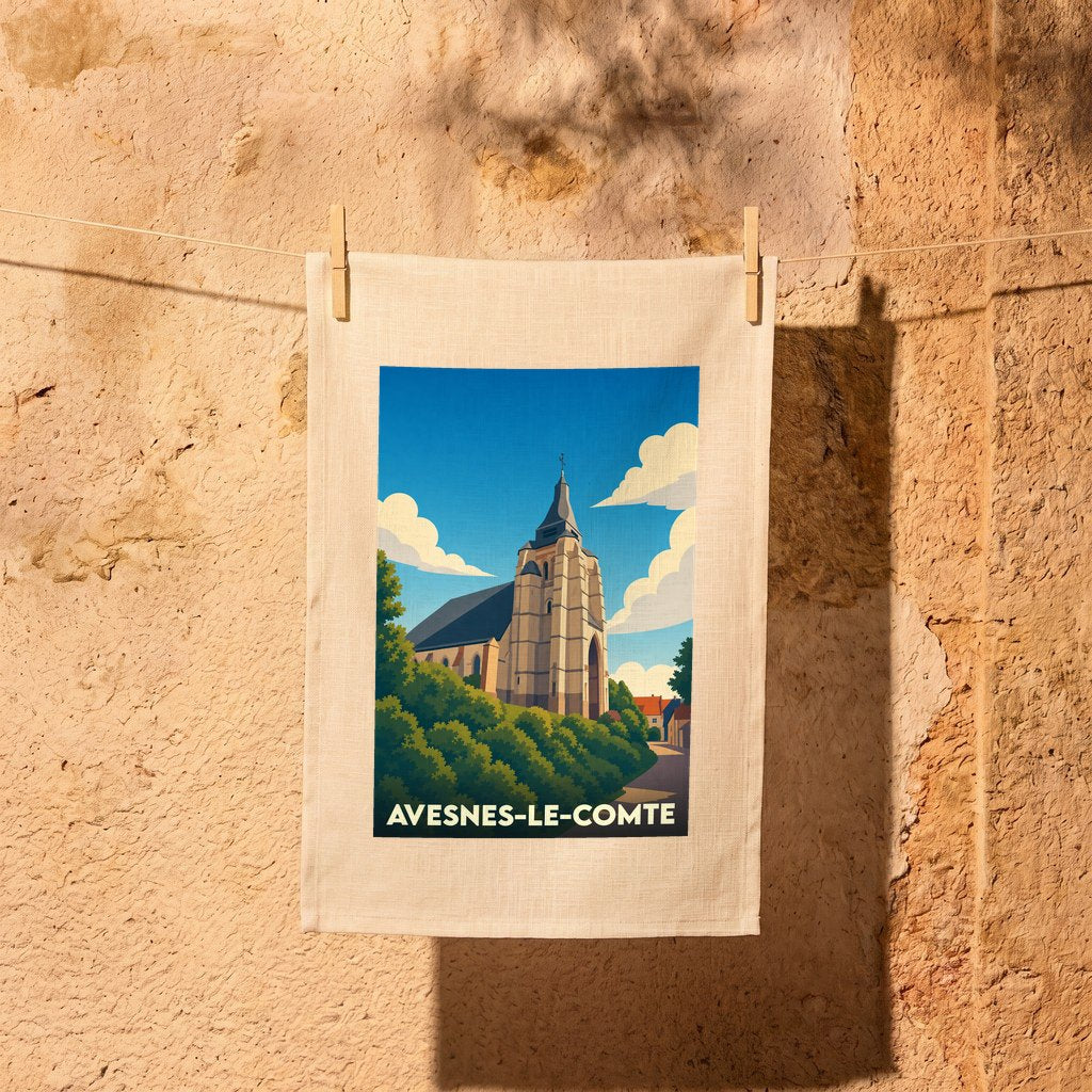 Torchon souvenir de la ville de Avesnes-le-Comte avec une illustration stylisée de son église.