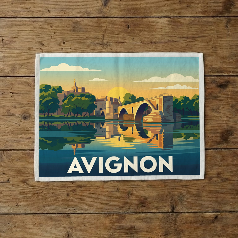 Torchon souvenir de la ville d'Avignon avec une illustration graphique de son célèbre pont.