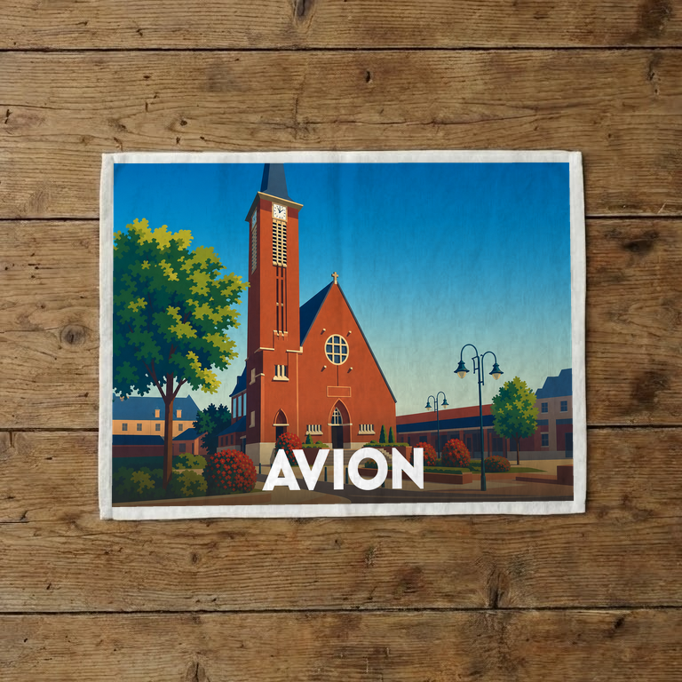 Torchon souvenir de la ville d'Avion avec une illustration stylisée de son église en briques rouges.