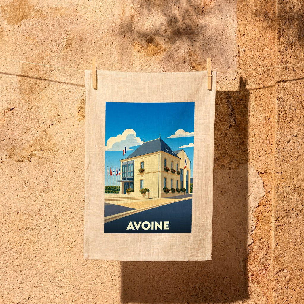 Torchon souvenir de la ville d'Avoine avec une illustration stylisée de son hôtel de ville.