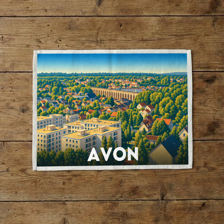 Torchon souvenir de la ville d'Avon avec une illustration stylisée de son paysage urbain et de son viaduc.