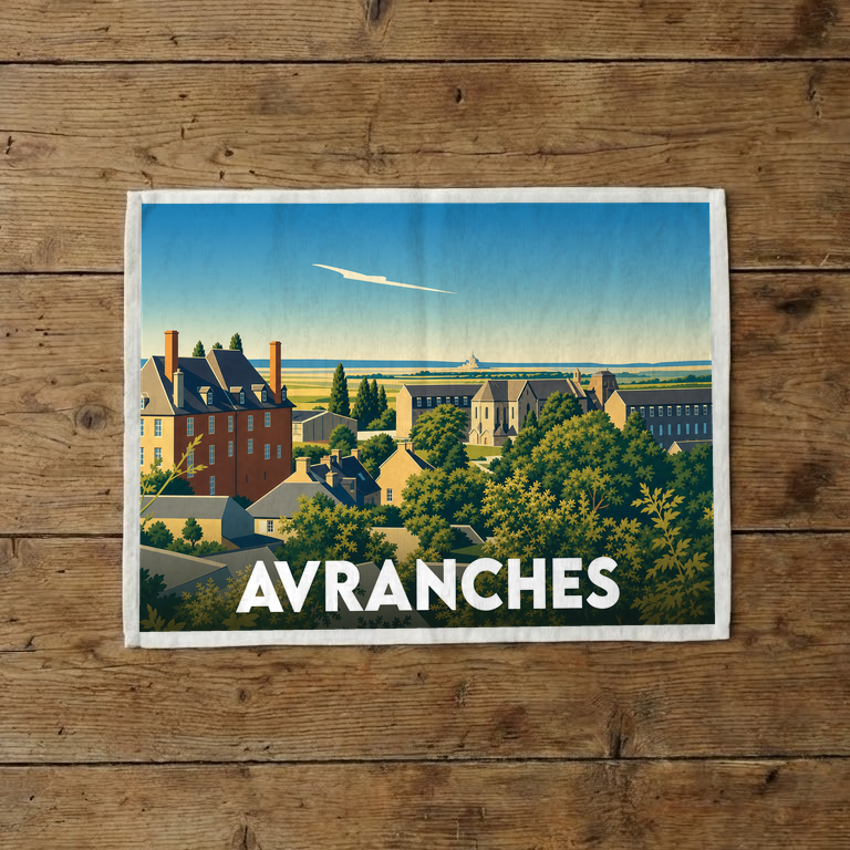 Torchon souvenir de la ville d'Avranches avec une illustration stylisée de son paysage urbain.