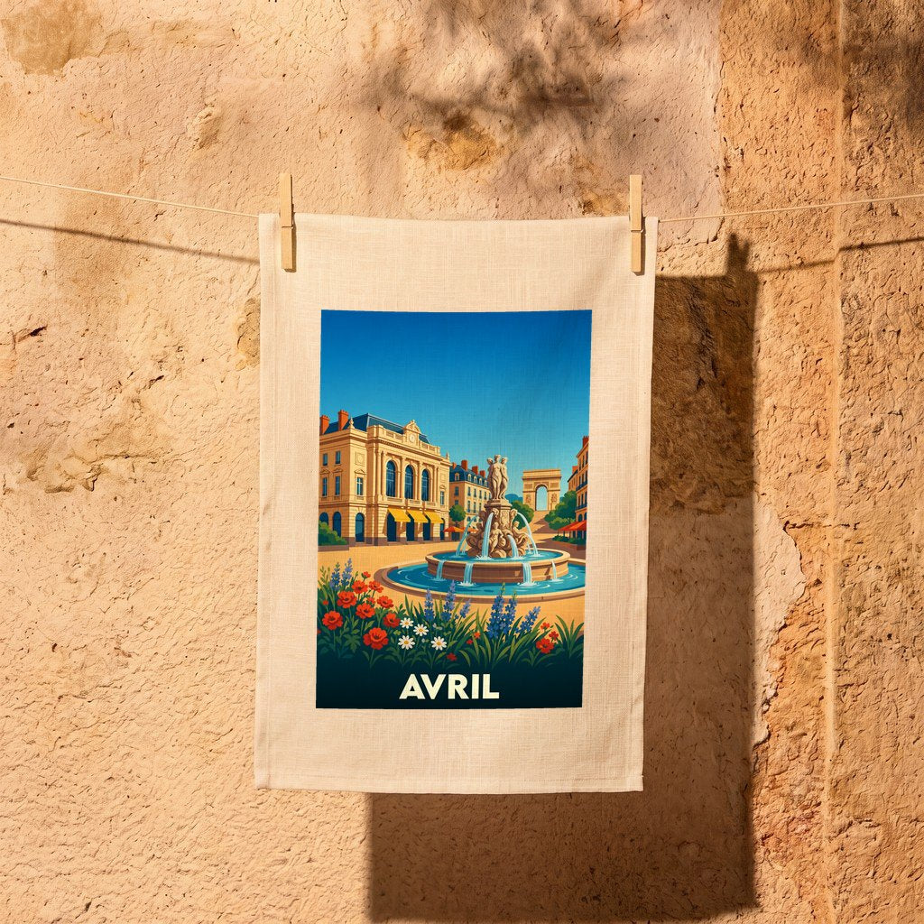 Torchon souvenir de la ville d'Avril illustré d'une scène urbaine colorée avec une fontaine.
