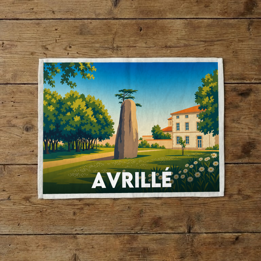 Torchon souvenir de la ville d'Avrillé avec une illustration stylisée d'un paysage local.