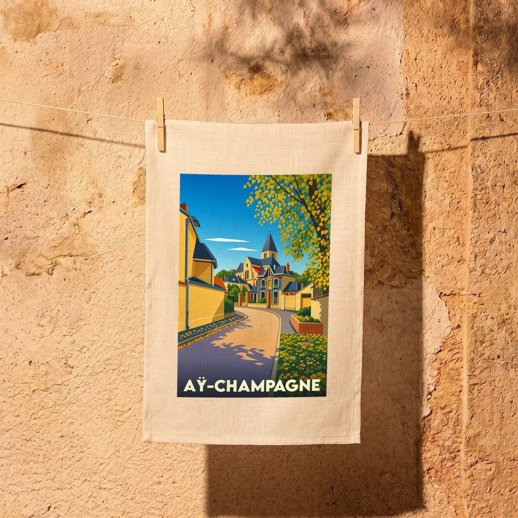 Torchon souvenir de la ville d'Aÿ-Champagne avec une illustration stylisée et colorée.