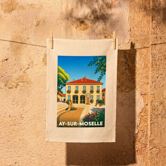 Torchon souvenir de la ville d'Ay-sur-Moselle avec une illustration stylisée.