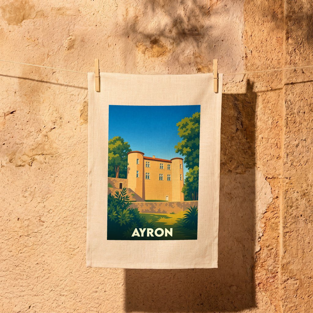 Torchon souvenir de la ville de Ayron orné d'une illustration stylisée de son château.