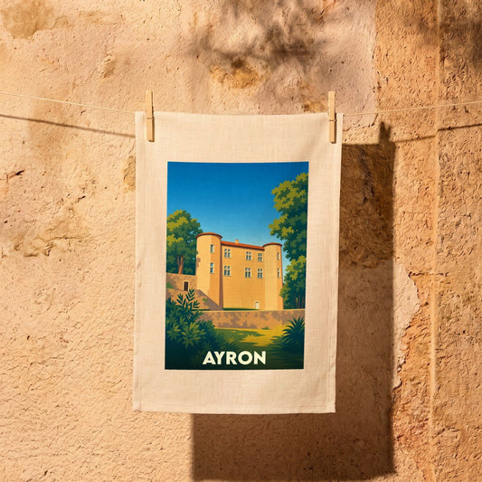 Torchon souvenir de la ville de Ayron orné d'une illustration stylisée de son château.