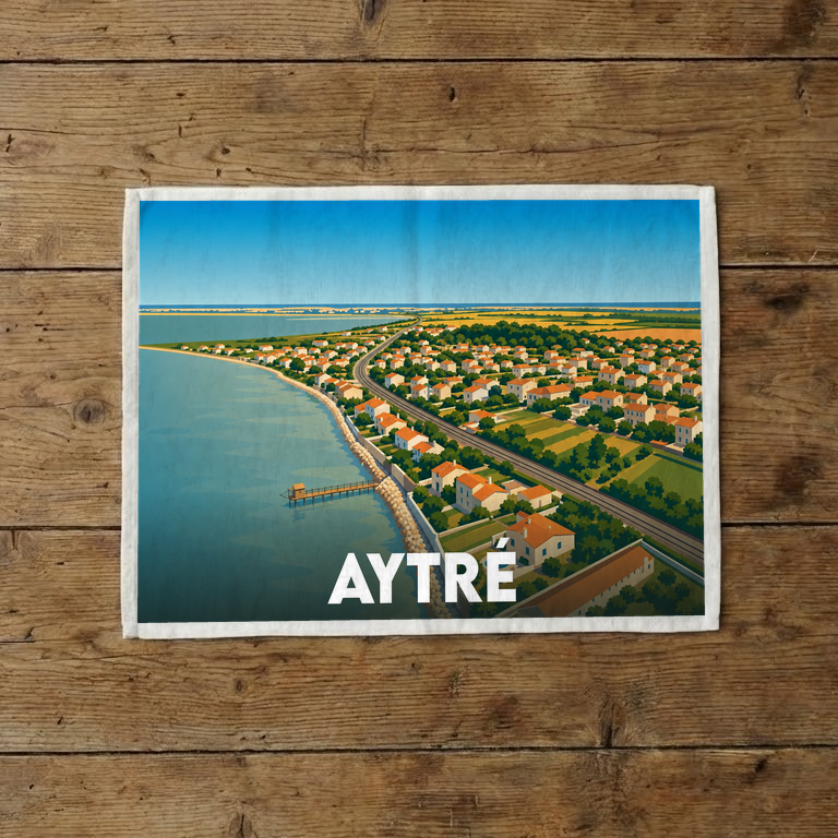Torchon souvenir de la ville d'Aytré orné d'une illustration stylisée de son littoral et de ses habitations.