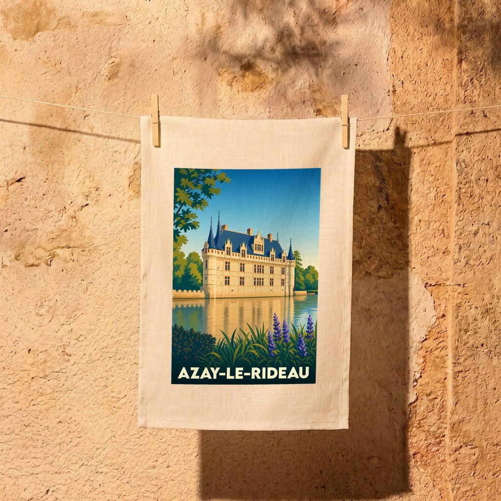 Torchon souvenir de la ville d'Azay-le-Rideau illustré d'une vue stylisée de son château au bord de l'eau.
