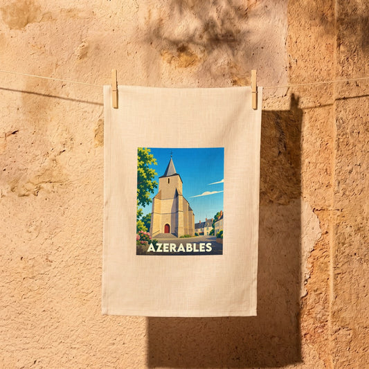 Torchon souvenir de la ville d'Azerables orné d'une illustration stylisée de son église.