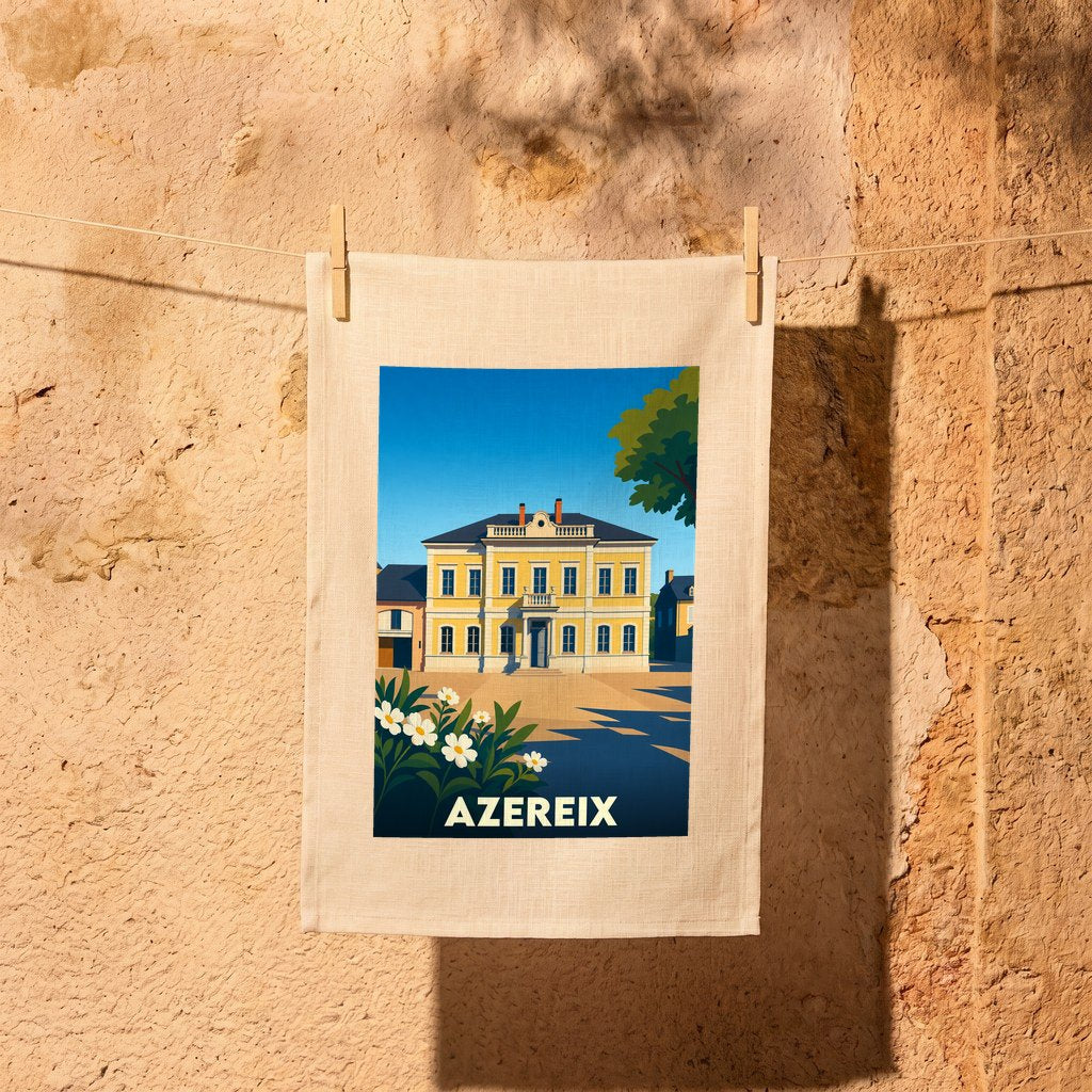 Torchon souvenir de la ville de Azereix avec une illustration stylisée de sa mairie.