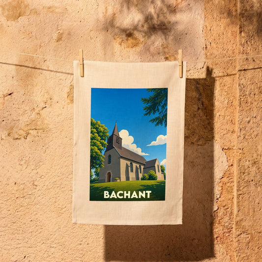 Torchon souvenir de la ville de Bachant avec une illustration stylisée de son église.