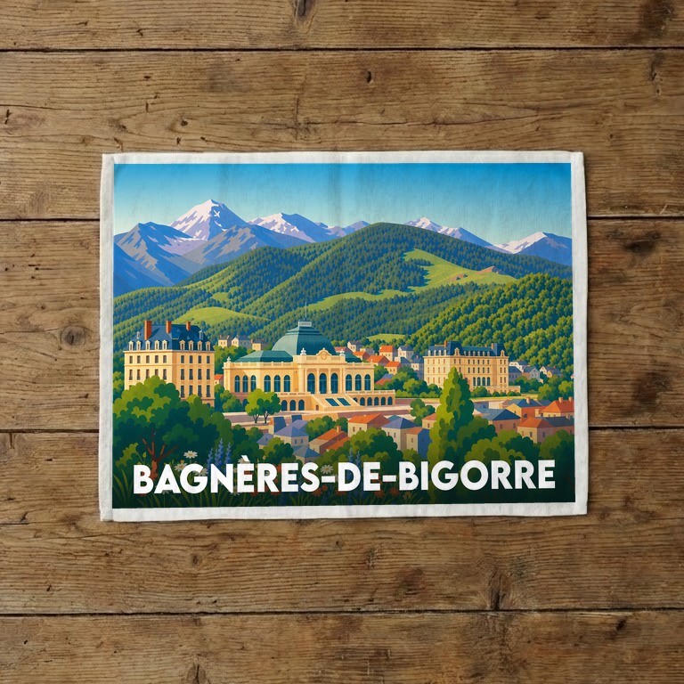Torchon souvenir de la ville de Bagnères-de-Bigorre avec une illustration stylisée des montagnes et des Grands Thermes.