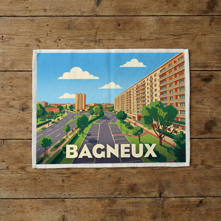 Torchon souvenir de la ville de Bagneux avec une illustration stylisée de son paysage urbain.