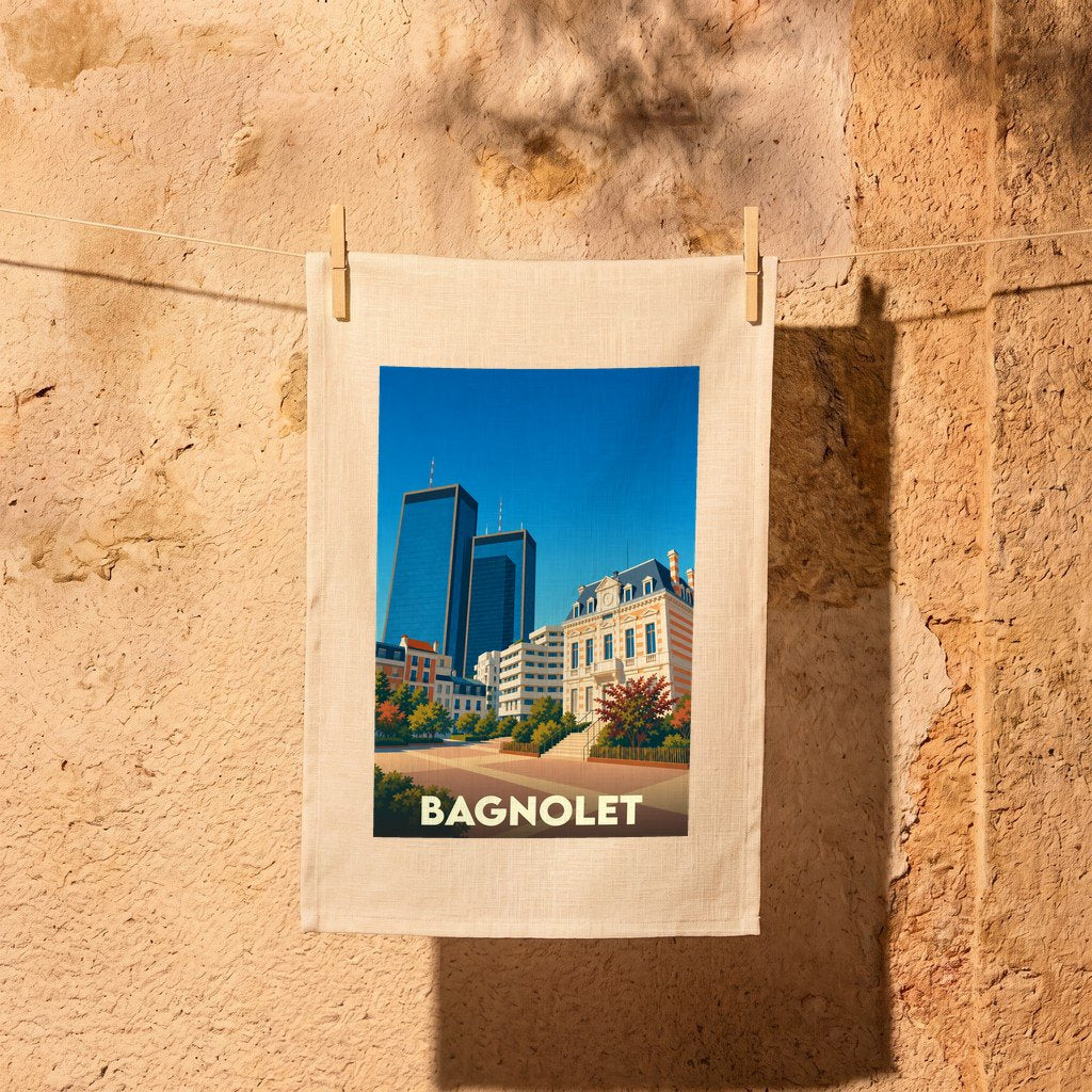 Torchon souvenir de la ville de Bagnolet avec une illustration stylisée.