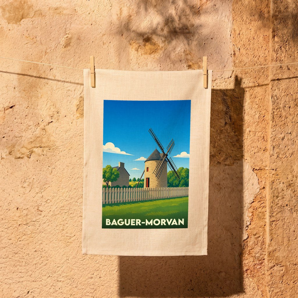 Torchon souvenir de la ville de Baguer-Morvan avec une illustration stylisée d'un moulin.