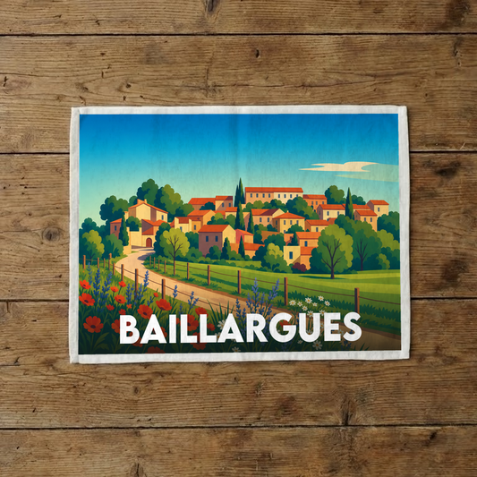 Torchon souvenir de la ville de Baillargues illustré d'un paysage de village provençal stylisé.