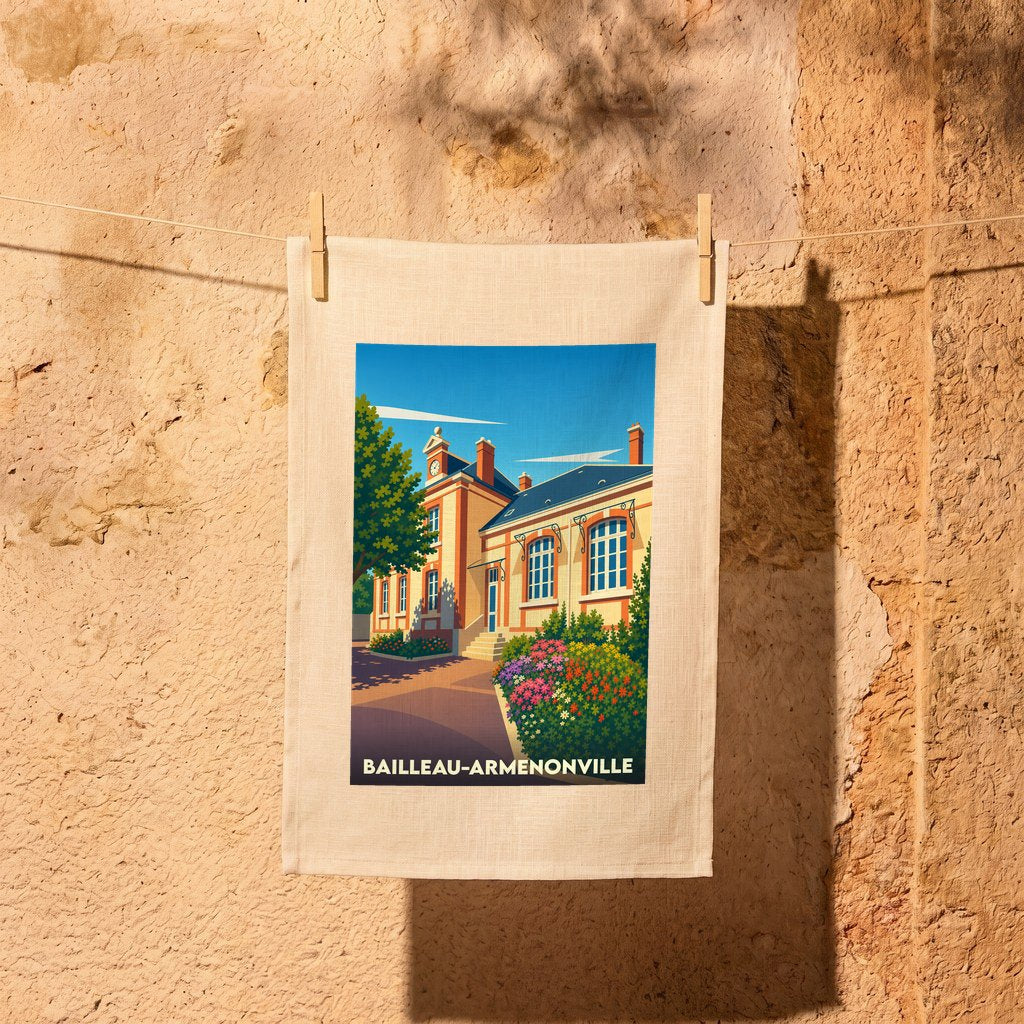 Torchon souvenir de la ville de Bailleau-Armenonville avec une illustration stylisée d'un bâtiment historique fleuri.