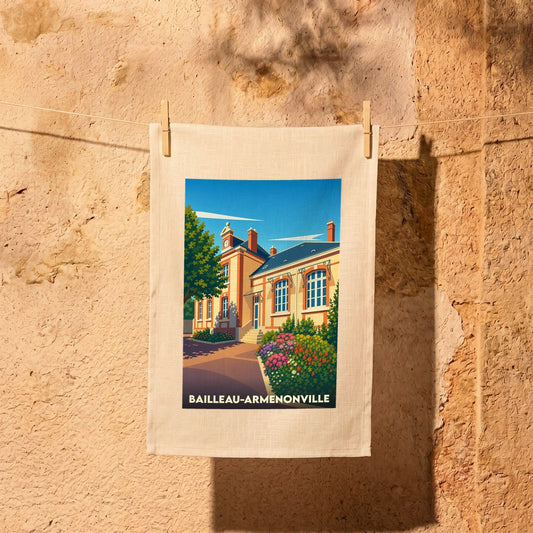 Torchon souvenir de la ville de Bailleau-Armenonville avec une illustration stylisée d'un bâtiment historique fleuri.